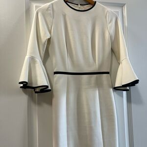 White Sheath Dress with Bell Sleeves and Crew Neck